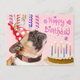 Postal De Invitación Pug fiesta y pastel de cumpleaños