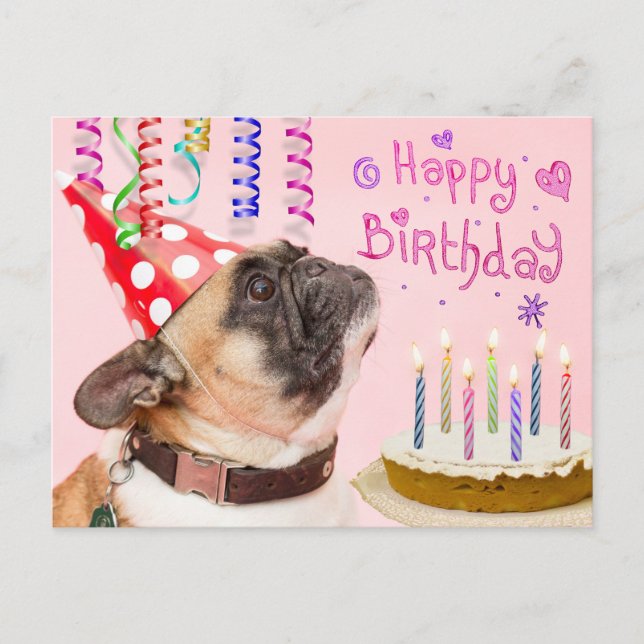Postal De Invitación Pug fiesta y pastel de cumpleaños (Anverso)
