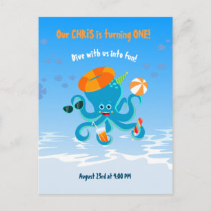 Postal De Invitación Pulpo Azul Bajo el Niño Cumpleaños Fiesta en el Ma
