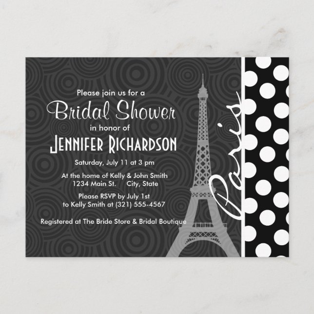 Postal De Invitación Punto de Polka blanco y negro, puntos; París (Anverso)