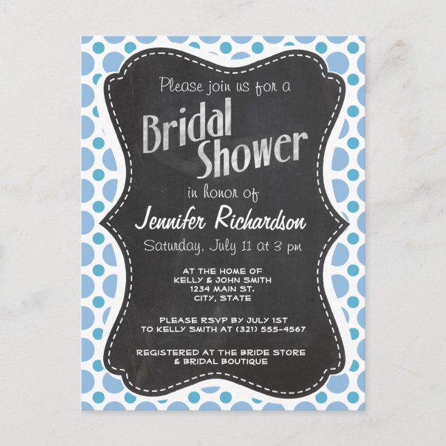 Postal De Invitación Puntos de Polka Azul Bebé; Cartón de Chalkboard Vi (Anverso)