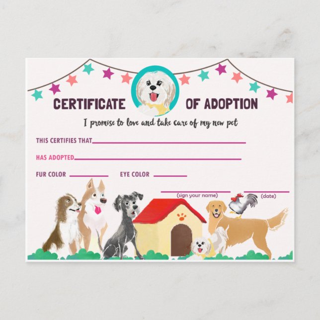 Postal De Invitación Puppy Adoption Certificate for a Pet Invitation Po (Anverso)