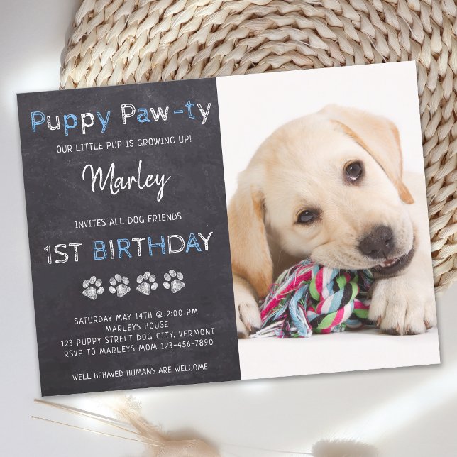 Postal De Invitación Puppy Pawty Chalkboard Blue Dog Cumpleaños (Subido por el creador)