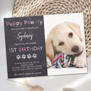 Postal De Invitación Puppy Pawty Chalkboard Perro Rosado Cumpleaños