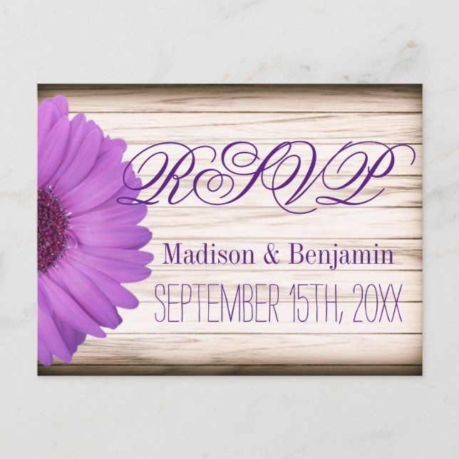 Postal De Invitación Purple Daisy Country Rustic Wood RSVP POSTCARDS (Anverso)