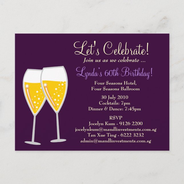 POSTAL DE INVITACIÓN PURPLE DE CELEBRACIÓN DE 311-CHAMPAÑA (Anverso)