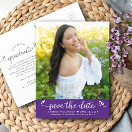 Postal De Invitación Purple Save the Date Graduation Photo Script Heart