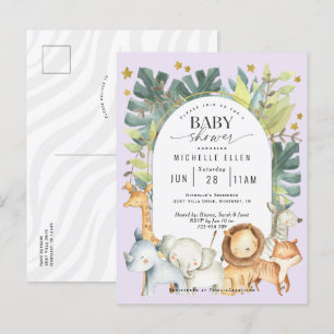 Postal De Invitación Púrpura linda jungla safari bebé ducha