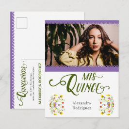 Postal De Invitación Púrpura Tradicional México Floral Foto Quinceanera