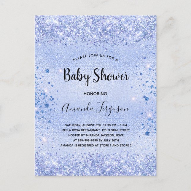 Postal De Invitación purpurina azul de Baby Shower (Anverso)