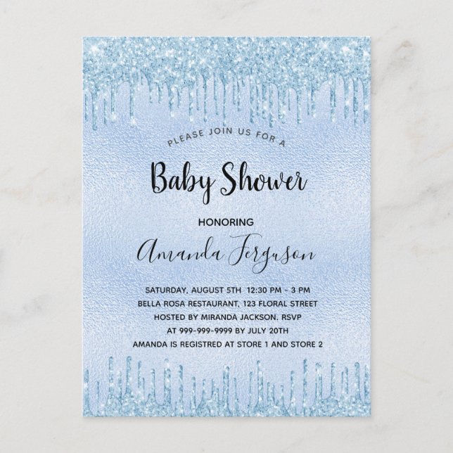 Postal De Invitación purpurina azul de Baby Shower gotea niño (Anverso)