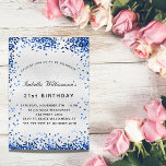 Postal De Invitación Purpurina azul marino de plata de cumpleaños<br><div class="desc">Para un elegante cumpleaños número 21 (o cualquier edad). Un fondo falso plateado. Decorado con purpurinas falsos azul marino,  chispas. Personalice y agregue un nombre,  edad y detalles del fiesta. El nombre se escribe con un guión de estilo con letras a mano</div>