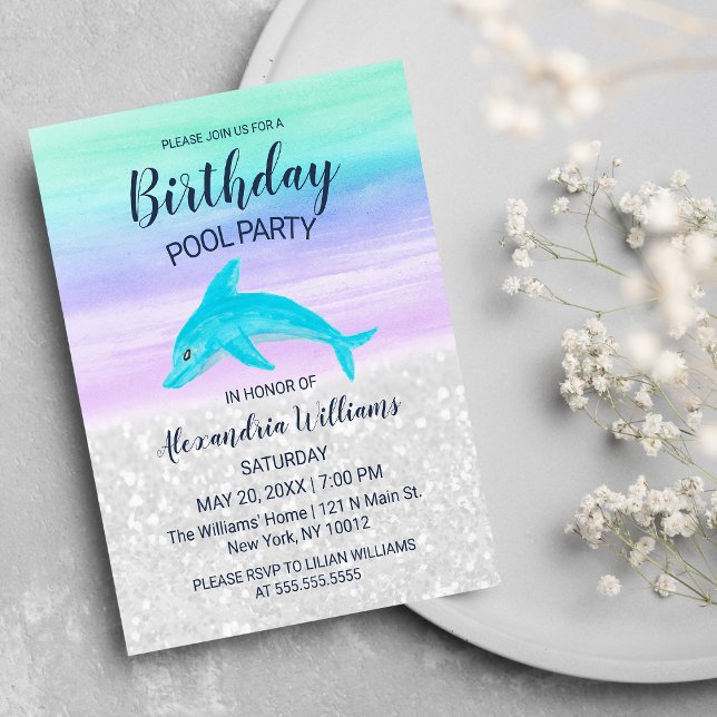 Postal De Invitación Purpurina blanco de lavanda verde azulada piscina  (Teal Lavender White Glitter Dolphin Pool Birthday )