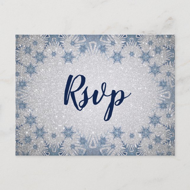 Postal De Invitación Purpurina Blue Snowflakes winter Wedding Rsvp (Anverso)