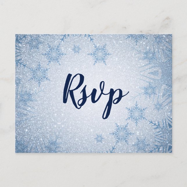 Postal De Invitación Purpurina Blue Snowflakes winter Wedding Rsvp (Anverso)