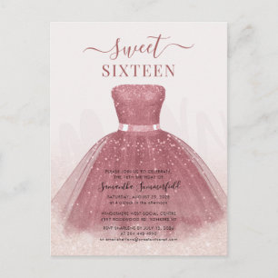 Postal De Invitación Purpurina de escritura moderna dulce 16 Rosa de or