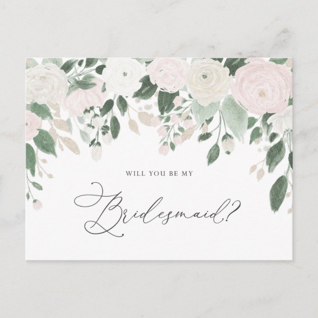 Postal De Invitación Purpurina De Flores Pastel, Serás Mi Novia (Anverso)