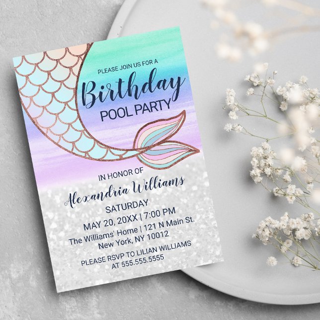 Postal De Invitación Purpurina de glam rosado verde azulado Piscina de  (Teal Pink Glam Glitter Mermaid Tail Pool Birthday Invitation Postcard )