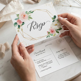 Postal De Invitación Purpurina de oro Boda Floral Geométrica Rubor RSVP