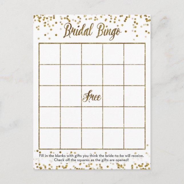 Postal De Invitación Purpurina de oro Confetti Bingo Bridal Shower Jueg (Anverso)
