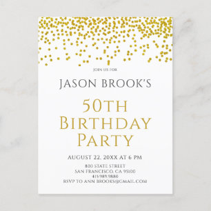 Postal De Invitación Purpurina de oro Confetti White 50 cumpleaños