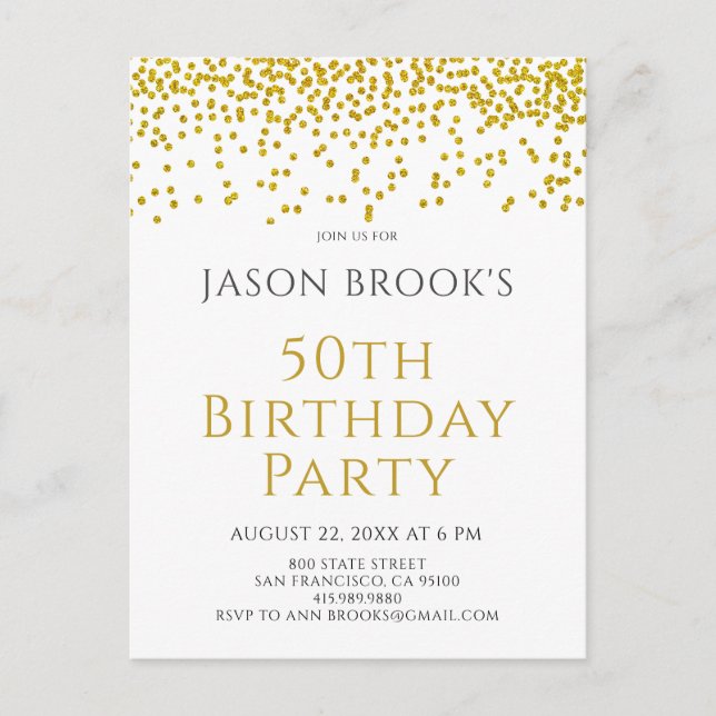 Postal De Invitación Purpurina de oro Confetti White 50 cumpleaños (Anverso)