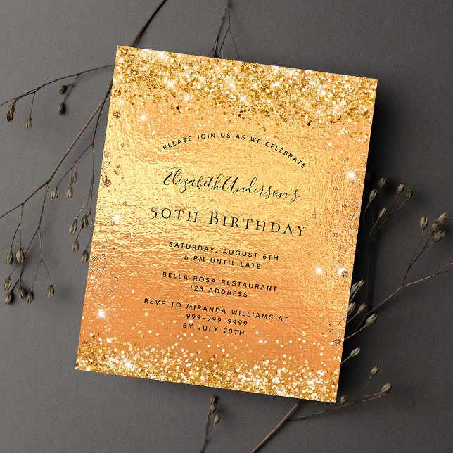 Postal De Invitación Purpurina de oro de cumpleaños glamoroso (Subido por el creador)