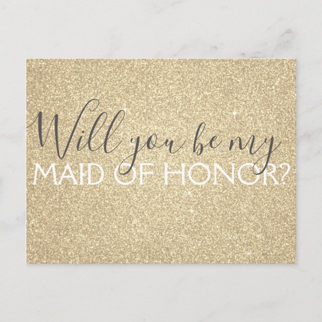 Postal De Invitación Purpurina de oro de lujo y doncella de honor (Anverso)