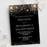 Postal De Invitación Purpurina de oro negro de cumpleaños dos personas<br><div class="desc">Una invitación moderna,  de diseño y glamurosa para dos fiestas de 21 años (o cualquier edad). Un fondo negro decorado con chispas oscuras de oro fino. Personalice y agregue nombres y detalles del fiesta. Una invitación para dos personas que celebren juntos,  gemelos,  hermanas o amigos.</div>