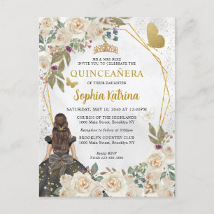 Postal De Invitación Purpurina de oro negro floral Princesa Quinceañera