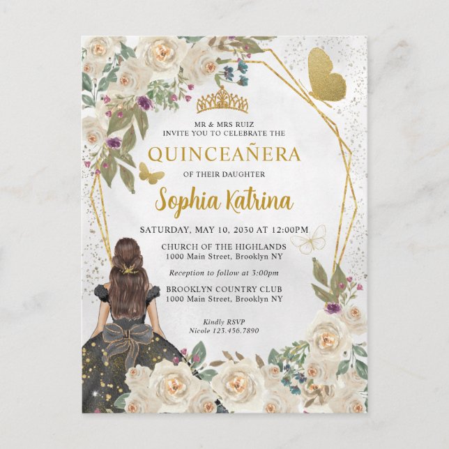 Postal De Invitación Purpurina de oro negro floral Princesa Quinceañera (Anverso)