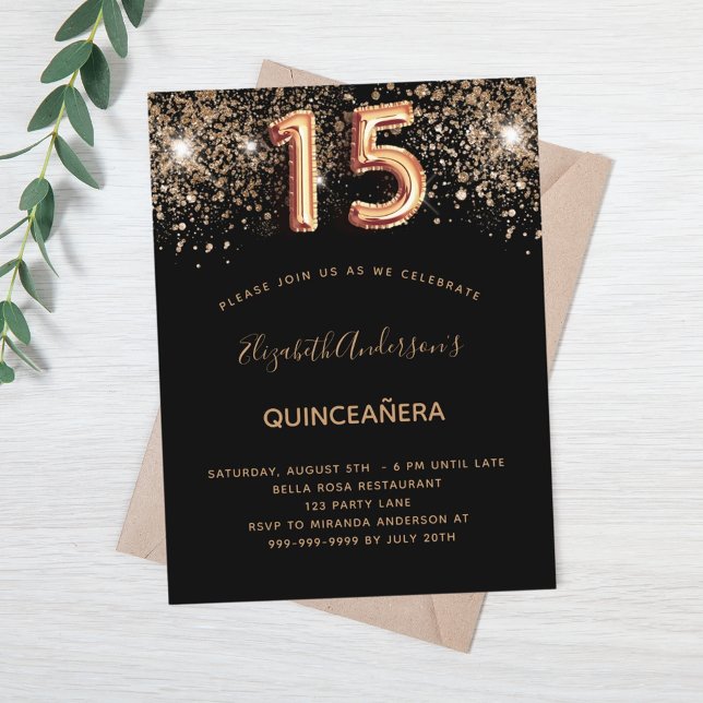 Postal De Invitación Purpurina de oro negro Quinceanera (Subido por el creador)