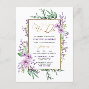 Postal De Invitación Purpurina de oro "We Do" Pastel Boda de Floral Púr