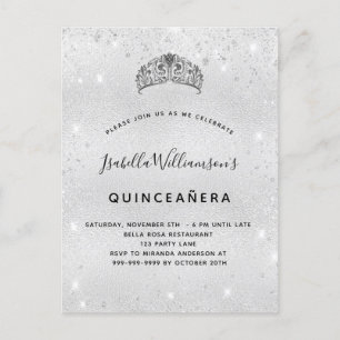Postal De Invitación Purpurina de plata de Quinceanera
