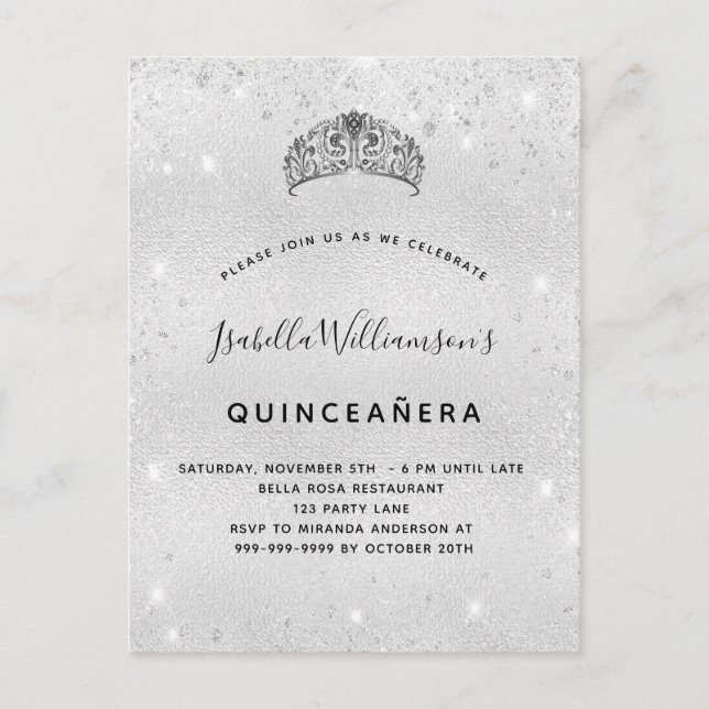 Postal De Invitación Purpurina de plata de Quinceanera (Anverso)