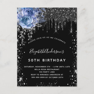 Postal De Invitación Purpurina de plata negra de cumpleaños floral azul