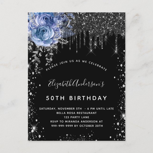 Postal De Invitación Purpurina de plata negra de cumpleaños floral azul (Anverso)