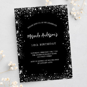 Postal De Invitación Purpurina de plata negra de cumpleaños glamoroso