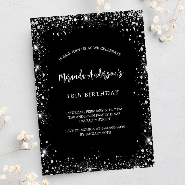 Postal De Invitación Purpurina de plata negra de cumpleaños glamoroso (Subido por el creador)