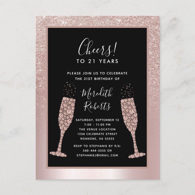 Postal De Invitación Purpurina de Rubor Champagne Toast Fiesta de cumpl (Anverso)