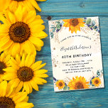 Postal De Invitación Purpurina de vegetación de eucalipto de girasol de<br><div class="desc">Para una fiesta de cumpleaños número 40 (o cualquier edad). Un fondo de color dorado y acuático decorado con girasoles acuáticos, eucalipto y hojas doradas. Polvo purpurina de oro falso. Personalice y agregue sus nombres y detalles del boda. Fondo dorado y blanco, polvo purpurina. Diseño postal. Sugerencia: Si no desea...</div>