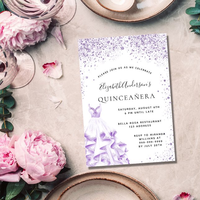 Postal De Invitación Purpurina de vestimenta blanca violeta de Quincean (Subido por el creador)