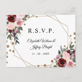 Postal De Invitación Purpurina Floral Burgundy Gold Geométrico RSVP