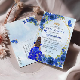 Postal De Invitación Purpurina floral de oro azul de la marina Princesa