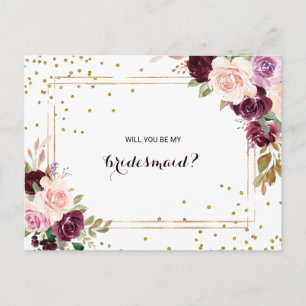 Postal De Invitación Purpurina Gold Green Burgundy Floral Bridesmaid