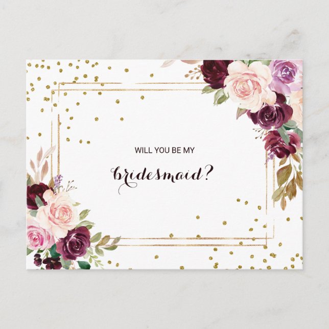 Postal De Invitación Purpurina Gold Green Burgundy Floral Bridesmaid (Anverso)