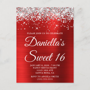 Postal De Invitación Purpurina plateado Relieve metalizado rojo brillan