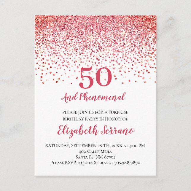 Postal De Invitación Purpurina Rojo Coral Moderno Confetti 50 cumpleaño (Anverso)