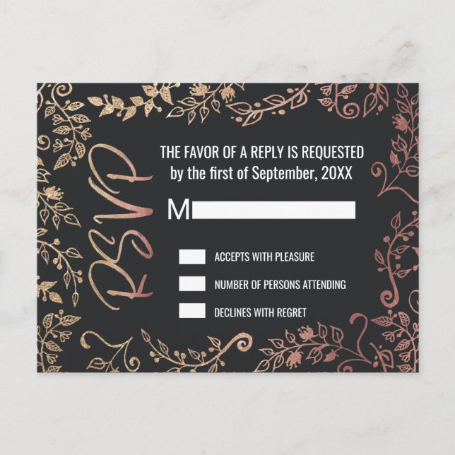Postal De Invitación Purpurina Rosa Gold Floral Gold Ombre RSVP (Anverso)