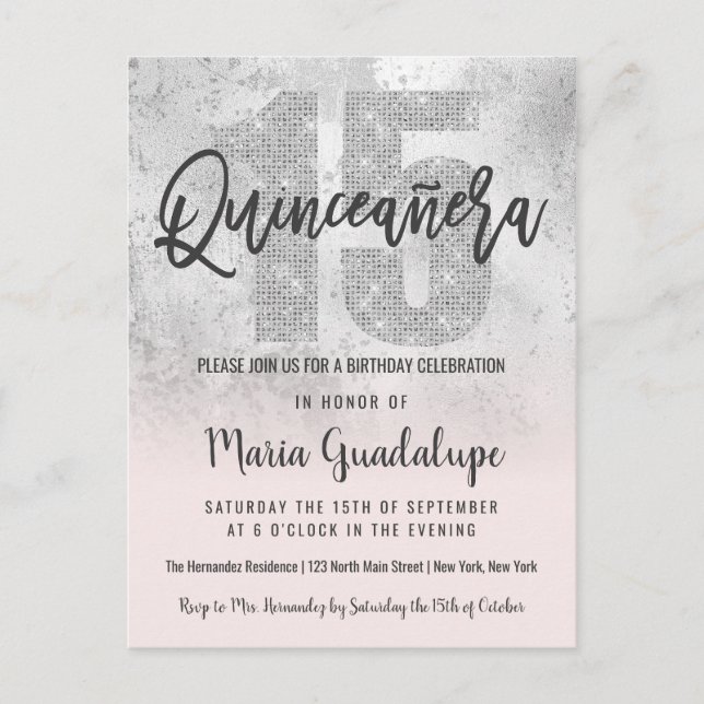 Postal De Invitación Purpurina rosado Girly Grunge Quinceañera (Anverso)